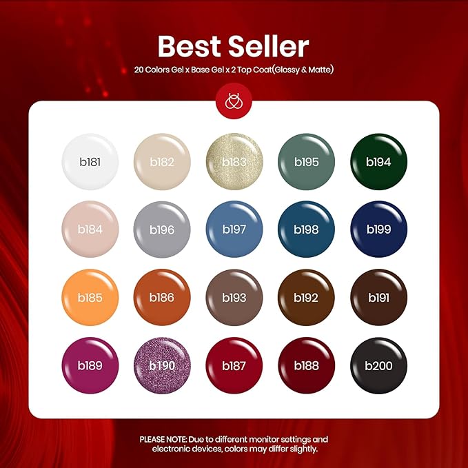 Beetles Winter Gel Nail Polish Kit - 23Pcs Burgundy Red Brown Orange Purple Colors Gel Polish Set Brown Gray Blue Green Soak Off Uv Gel Base Top Coat Gifts for Girls Glowing Attraction