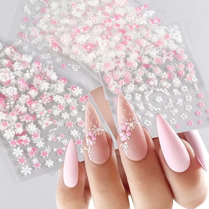 30 Sheets Flower Nail Art Stickers Pink White Flower Nail Stickers 3D Self Adhesive Cute Daisy Floral Nail Decals Nail Supplies Nail Art Design Decoration Accessories for Women Girls