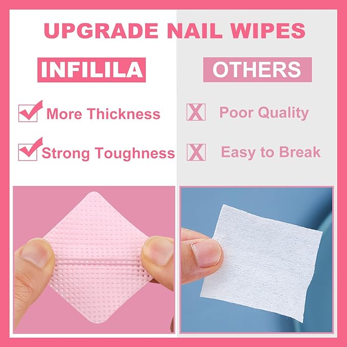 NXJ INFILILA Lint Free Nail Wipes, 540PCS Non-Woven Fabric Dry Nail Prep Wipes, Absorbent Acetone Nail Polish Remover Lash Extensions Glue Nail Cleaning Pads for Salon Supplies(Pink)