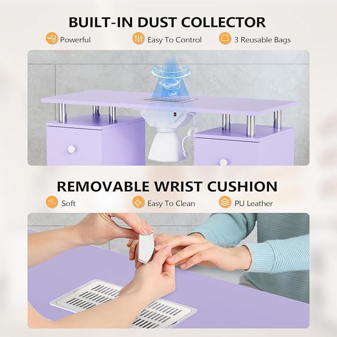 OmySalon Nail Desk and Chair Set, Manicure Table with Dust Collector, Arm Rest, 8 Wheels, Acetone Resistant Desktop, Drawers & Cabinet Storage for Makeup Beauty Salon (Lavender)