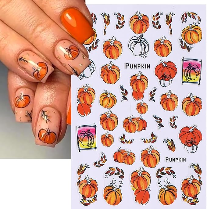 6 Sheets Fall Nail Stickers for Nail Art Pumpkin Maple Leaf Nail Decals 3D Self-Adhesive Thanksgiving Flower Leaves Design Nail Stickers Holiday Nail Art Supplies for Women Autumn Nail Art Decoration