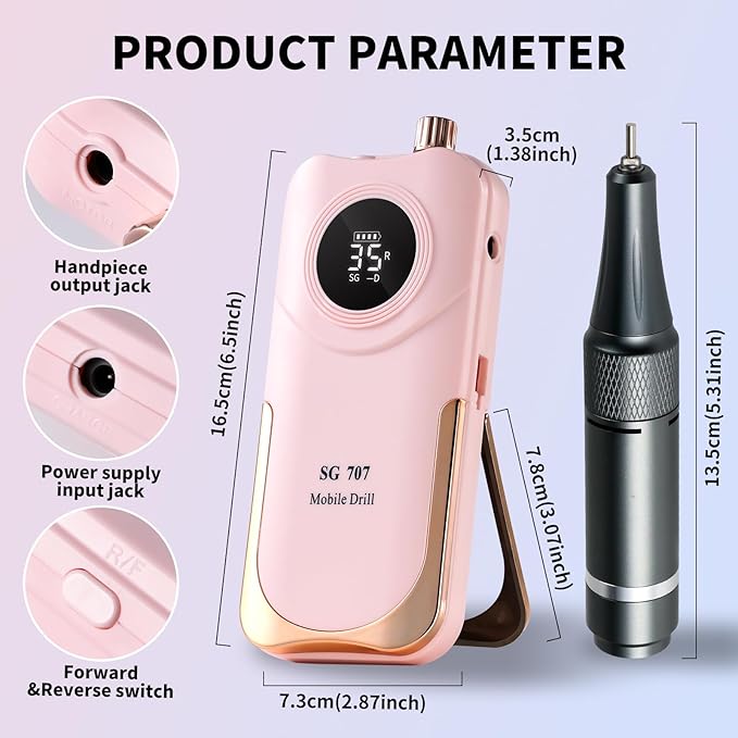 Professional Electric Nail Drill Kit 35000RPM with 14PCS Bits Pink Portable Rechargeable Cordless File Machine for Acrylic Gel Powder Nails and Manicure Pedicure Toenail Tool Salon Set
