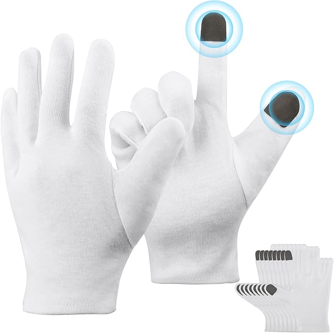 Touch Screen Gloves - 5 Pairs Small White Cotton Gloves for Art Handling, Coin Handling, Jewelry, Photography, Dry Hands Sleeping, with Pack of 20 Touch Screen Stickers