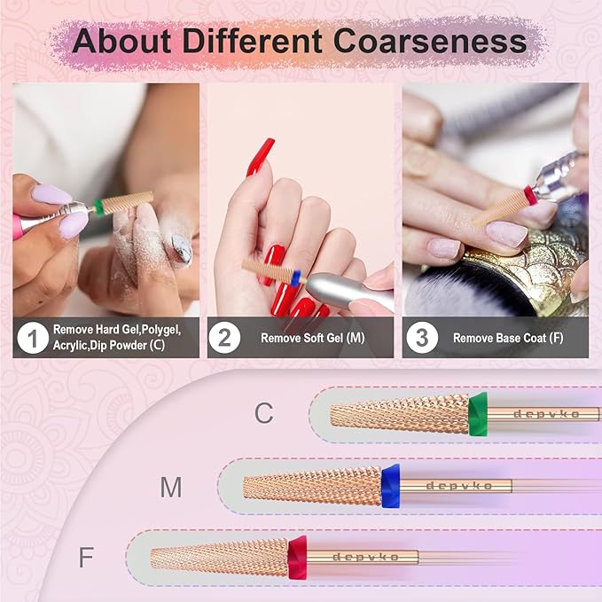 Depvko Super Long 5 in 1 Nail Drill Bits, 3/32'' Carbide Tungsten Bits, Two Way Rotate Professional Advanced Safety Bits for Nail, Fast Remove for Manicure Pedicure (Long 5in1-Rose Gold, Coarse-C)