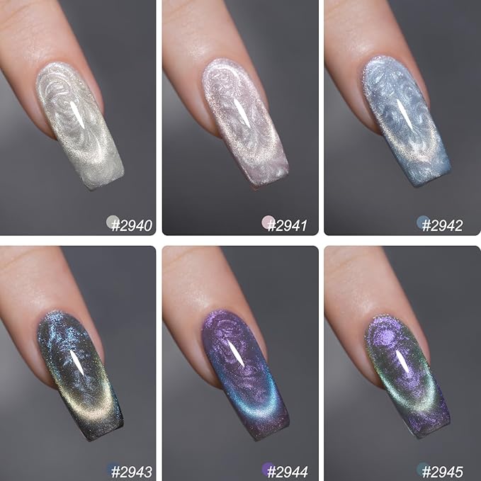 GAOY Pearl Glitter Cat Eye Gel Nail Polish Set, 6 Colors Shimmer Mermaid White Blue Iridescent Soak Off UV Light Cure Gel Polish Kit for Salon and Nail Art DIY at Home
