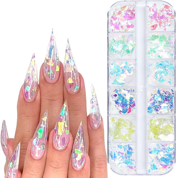 Iridescent Glitter Nail Art Sequins, Holographic 3D Irregular Ultra Thin Nail Art Glitter Flakes Design, Shiny Mermaid Nail Glitter Slices Resin Acrylic Supplies for Women Girls Manicure Decorations