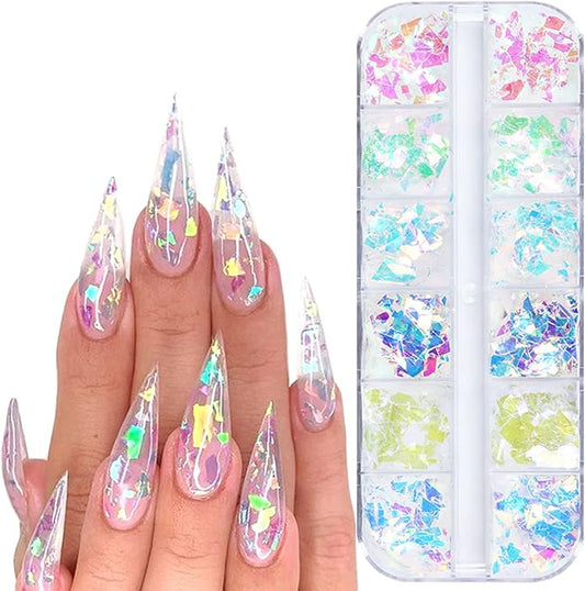 Iridescent Glitter Nail Art Sequins, Holographic 3D Irregular Ultra Thin Nail Art Glitter Flakes Design, Shiny Mermaid Nail Glitter Slices Resin Acrylic Supplies for Women Girls Manicure Decorations