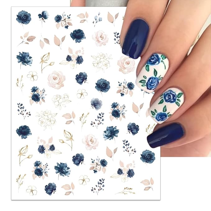 Rose Flower Nail Art Stickers - Pink Floral Leaf Self-Adhesive 3D Nail Decals for DIY Spring Summer Manicure (6 Sheets)