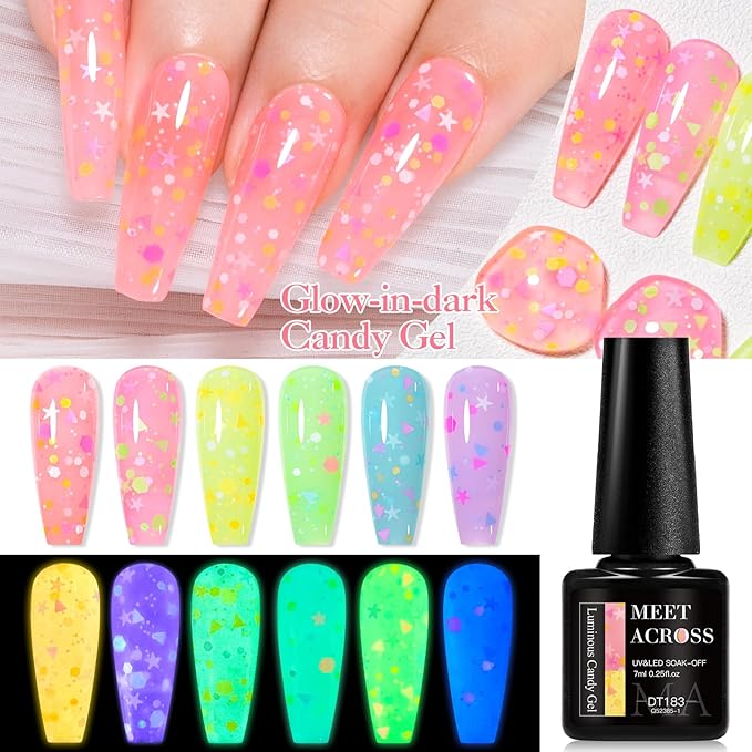 MEET ACROSS Candy Glow in the Dark Gel Nail Polish Set, 6 Colors Luminous Light Pink Yellow Purple Glow Effect Nail Polish with Sequins Soak off UV LED Cured for Home Salon DIY Manicure