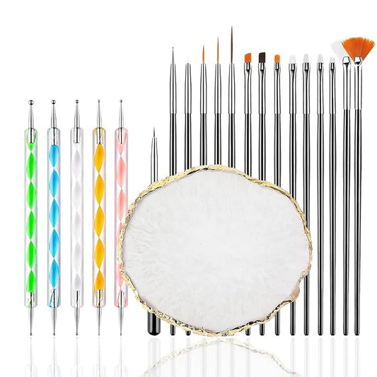 21Pcs Nail Art Design Tool Kits - 1 Resin Nail Art Palette, 5 Nail Art Dotting Pens, 15 Nail Art Brushes, Nail Polish Mixing Palette Double-Ended Dotting Pen Nail Liner Nail Drawing Brushes