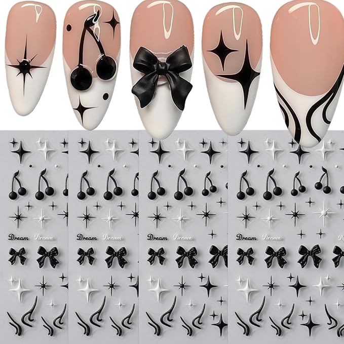 3 Sheets Goth Nail Stickers for Nail Art 5D Punk Style Black Bow Nail Art Stickers Black Star Cherry Nail Decals Self-Adhesive Nails Supplies Dark Style Star Bow Nail Decoration for Women DIY Manicure