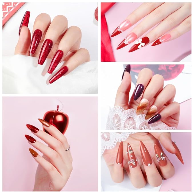 Peacecolor Red Gel Nail Polish Set, 6pcs 10ML Soak Off Gel Polish Dark Red Burgundy Shimmer Glitter Colors Nail Art Starter Kit Gifts for Women