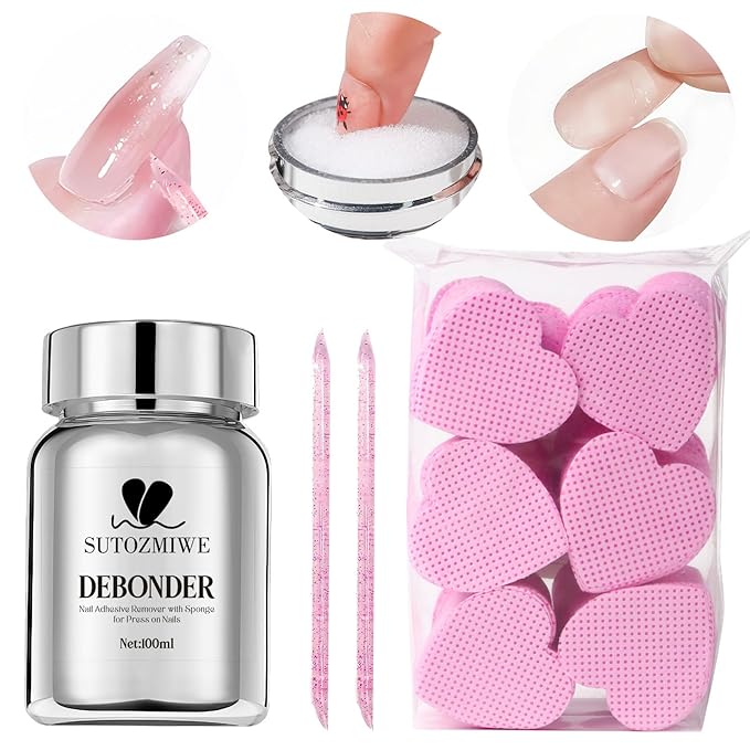 Nail Adhesive Debonder With Pink Heart-Shaped Sponges, Stick Press-on Nail Remover Kit, 100ml Gel Glue Remover False Nail Tips Soaking Solution Nails Reusable