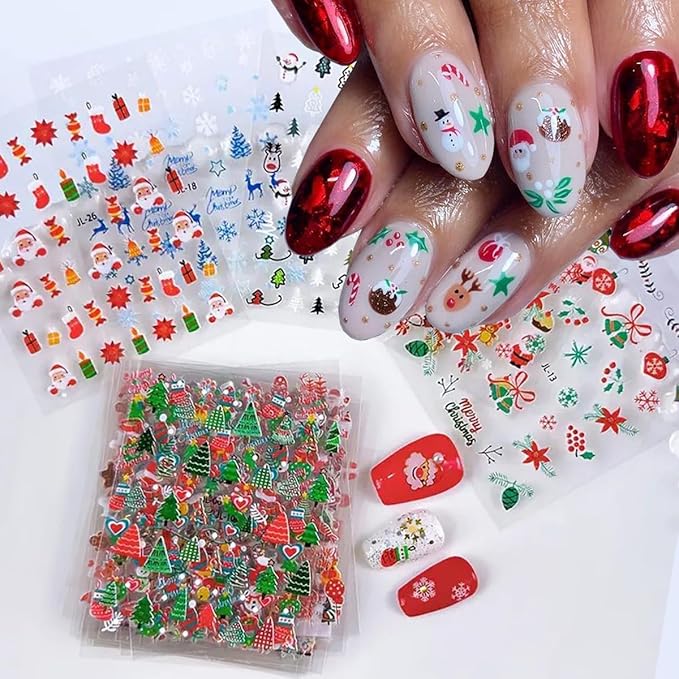 30PCS Christmas Nail Art Stickers Snowflakes Claus Reindeer 3D Self-Adhesive Xmas Nail Decals Nail Art Supplies Xmas Tree Wreath Gingerbread Man Design Christmas Stickers for Holiday Nail Decorations