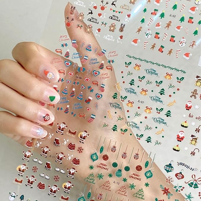 30 Sheets Christmas Nail Art Stickers 3D Self Adhesive Christmas Nail Decals Santa Claus Elk Snowman Christmas Tree Nail Art Supplies Winter Nail Stickers for Women DIY Acrylic Nail Decorations