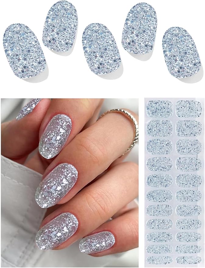 Semi Cured Gel Nail Strips Glitter Manicure Stickers Salon Quality Long-Lasting Wraps Work with Any Nail Light