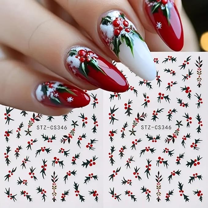 6PCS Christmas Nail Art Stickers Holly Nail Decals 3D Self-Adhesive Nail Stickers Christmas Tree Nail Art Supplies Green Leaves Holly Fruit Nails Accessories for Women Xmas Acrylic Manicure Decoration