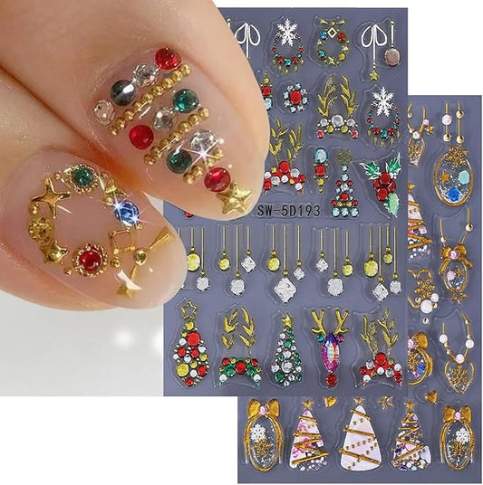 5D Embossed Christmas Nail Stickers for Nail Art - Gold Glitter Nail Art Stickers Xmas Tree Elk Deer Nail Decals Cartoon Nail Supplies for Women DIY Christmas Decorations 2 Sheets