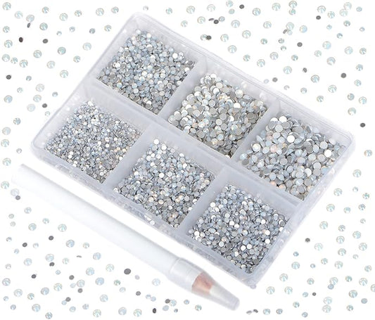 Bymitel 7200 Pieces 6 Mixed Sizes Glue Fix on Glass Rhinestones Round Crystal Gems Flatback for DIY Jewelry Making with one Picking Pen(6-Sizes 7200PCS, White Opal)