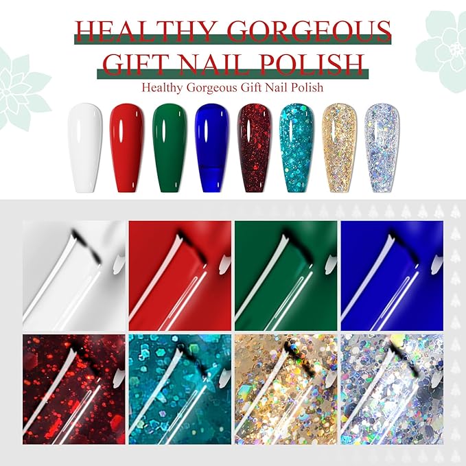 MEET ACROSS Christmas Gel Nail Polish Set, 8 Colors Red Sparkle Green Glitter Gold Silver Winter Gel Polish Dark Green Dark Red Gel Polish Kit Soak Off Nail Lamp Uv LED Nail Art Design for Women