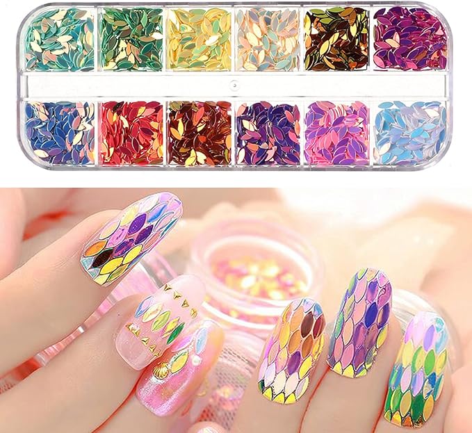 12 Colors Horse Eye Sequins 3D Ultra-Thin Flakes Colorful Glitter Stickers Holographic Laser Shiny Nail Art Design for Nail Decoration DIY Glitters