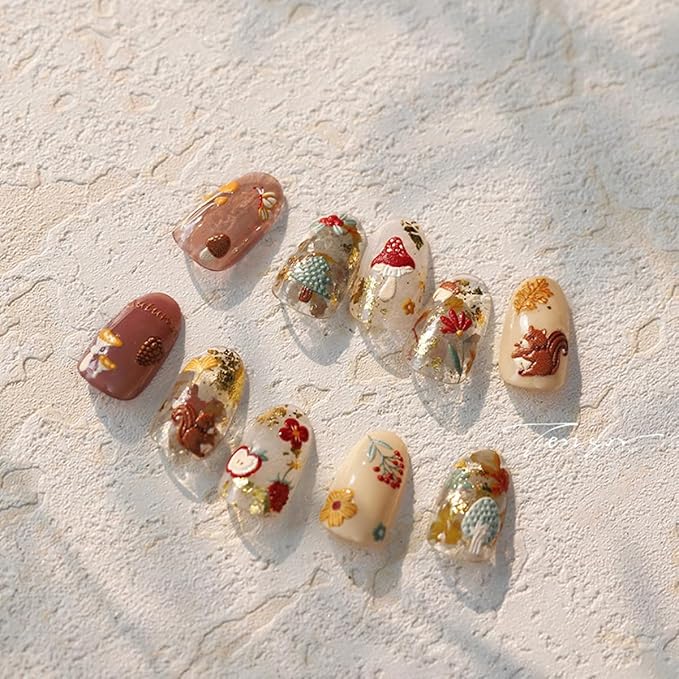 Fall Nail Art Stickers 5D Embossed Mushroom Squirrel Nail Decals 1PCS Autumn Leaves Strawberry Pinecone Autumn Nails Design Engraved Fall Stickers for Thanksgiving Day DIY Manicure Nail Art Decoration