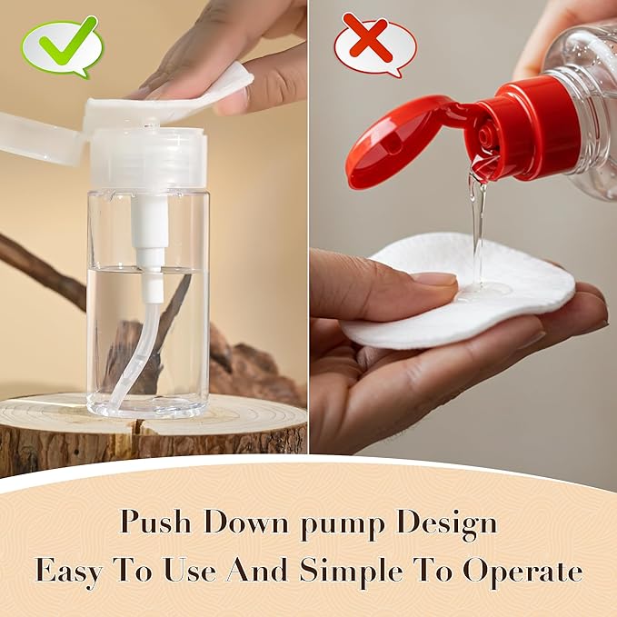 3 Pack Push Down Pump Dispenser,Clear Push Top Empty Bottles with DIY Stickers for Alcohol,Nail Polish,Makeup Remover,Toner (100ml)
