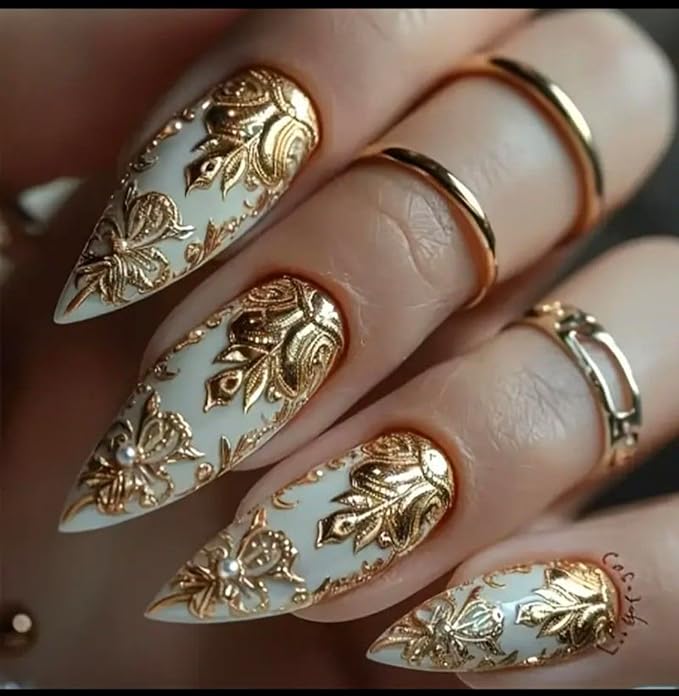 4 Sheets Gold Nail Art Stickers 5D Embossed Flower Nail Decals Metallic Totem Leaves Floral Nails Design Manicure Sliders Self Adhesive French Retro Golden Foil Nail Art Supplies for Women DIY Nail
