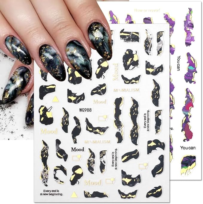 3D Marble Nail Stickers - 6 Color Marble Decals, Blooming Nail Art, Bronzing & Watercolor Smudge Resistant, Self-Adhesive Gold Foil Designs