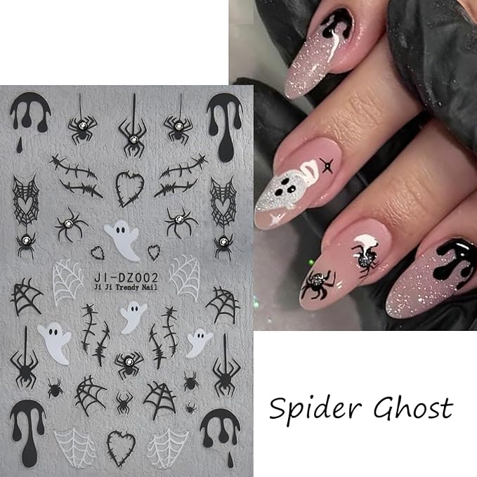 Halloween Nail Sticker 6Sheets Dark Halloween Crystal Star Spider Web Ghost Skull Nail Stickers for Nail Art,Halloween Pumpkin Nail Decals 3D Design Self-Adhesive Nail Supplies DIY Manicure Decoration