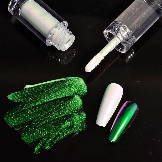 Chrome Nail Powder Aurora Mirror Effect Mermaid Pearl Glitter Iridescent Gel Nail Polish for Nail Art DIY Decoration (Green Iridescent)