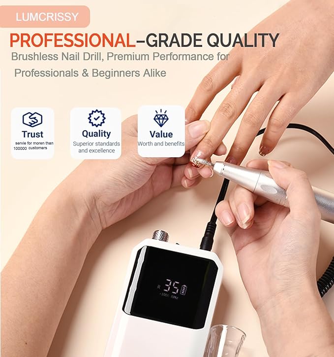 Professional Nail Drill Machine - Cordless Brushless Motor Nail File, 45000 RPM 2*3500mAh Portable Efile for Acrylic Gel Nails with 6 Bits & ETL-Certified USB Charger for Salon & Home