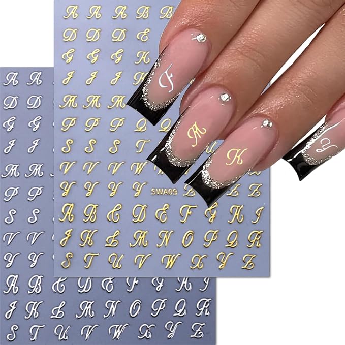 12 Sheets Letter Nail Stickers for Nail Art 3D Self Adhesive White Black Silver Gold Nail Art Stickers English Nail Decals Letter Decoration Accessories for Women Girls DIY Acrylic Nails