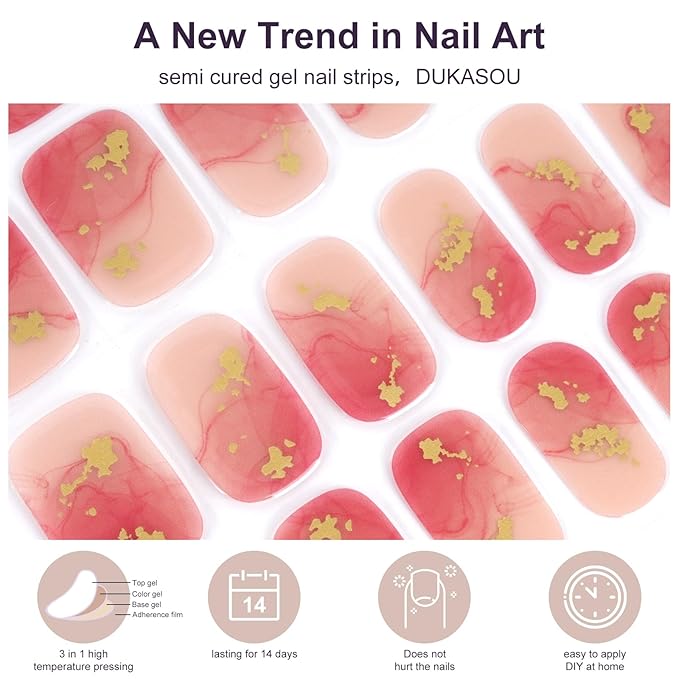 Semi Cured Gel Nail Strips,28 Pcs Gel Nail Stickers Wraps(Gilded Red),UV Stickers with UV Light/Lamp,Long Lasting,Easy to Apply