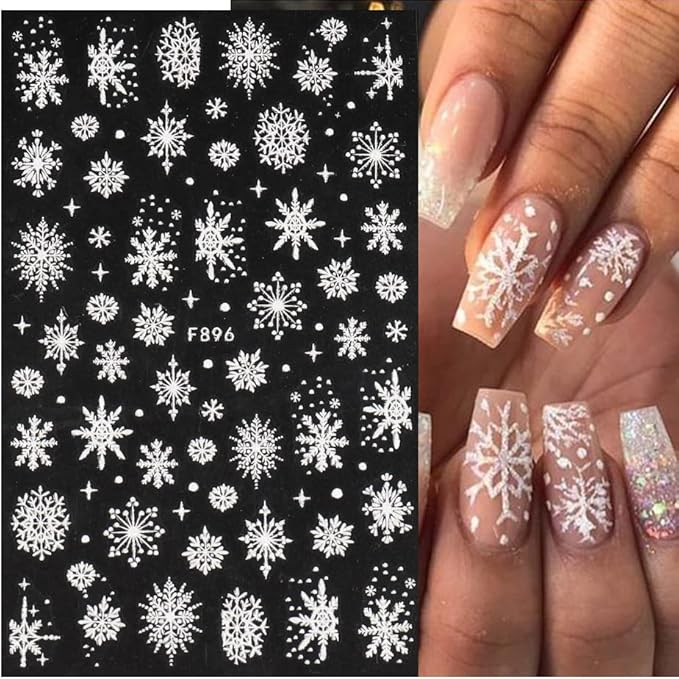 8 Sheets Christmas Nail Art Stickers Decals Self-Adhesive Holiday White Snowflakes Winter Nail Supplies Nail Art Design Decoration Accessories