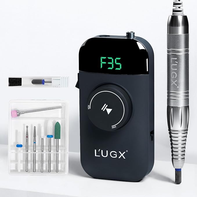 L'UGX Nail Drill 35000RPM Professional Brushless Electric Machine, Rechargeable Cordless Nail Efile for Acrylic Gel Nails, 8Pcs Nail Drill Bits, Low Noise Low Vibration