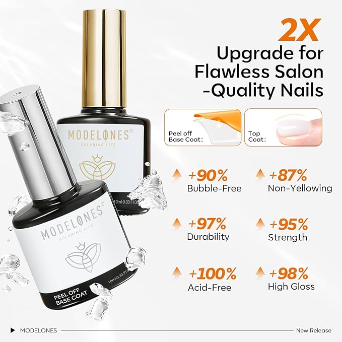 Modelones Gel Top Coat and Peel Off Base Coat Set, 2 Pcs No Wipe Clear Top Gel Nail Polish and Peelable Practice Base Easy Removal, Nail Art Manicure DIY Gift for Weak Thin Nails Beginner Women 10ml
