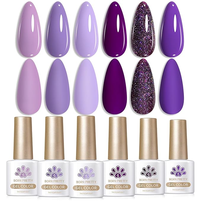 BORN PRETTY Purple Gel Nail Polish Set 6 Colors Lavender Purple Dark Purple Gliiter Nail Gel Kit Soak Off Nail Art Manicure Design Home Salon Holiday Gift