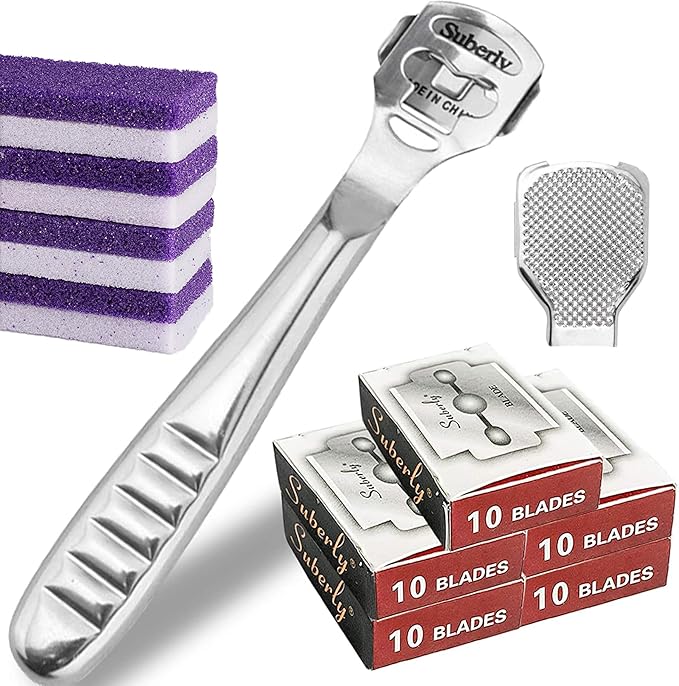 56 Pcs Callus Shaver Set,1 Stainless Steel Foot Razor with 50 Replacement Slices Blades,1 Foot File Head Foot Care Tools,4 Purple Foot Scrubbing Stones,Foot Shaver Callus Remover for Hand Feet