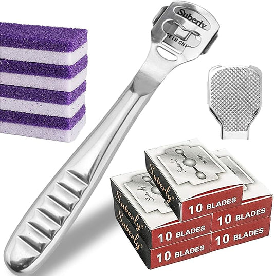 56 Pcs Callus Shaver Set,1 Stainless Steel Foot Razor with 50 Replacement Slices Blades,1 Foot File Head Foot Care Tools,4 Purple Foot Scrubbing Stones,Foot Shaver Callus Remover for Hand Feet