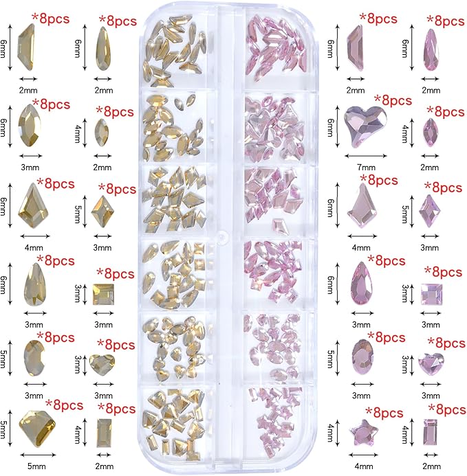 HNUIX Nail Rhinestones for Nails - 3D Multi Shapes, Flat Back, Small Nail Gems, Champagne Gold & Light Pink Nail Diamonds, with Kit, for Nail Art, DIY Decor