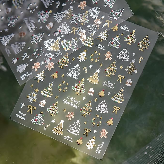 2 Sheets Christmas Nail Art Stickers 5D Embossed Nail Decals Silver Gold Star Bow Gingerbread Man Christmas Tree Nail Stickers Christmas Nail Supplies for Women Girls DIY Manicure Decorations