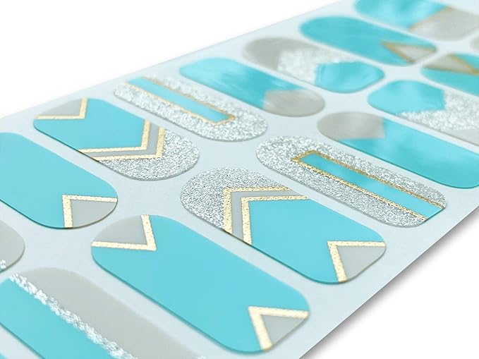 | 20 Exquisite Gel Nail Polish Strips w/Application Accessories - No UV/LED Lamp Required (Turquoise, Silver Glitter & Gold Lines)