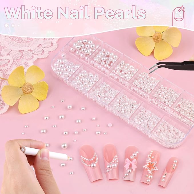 1 Box Nail Pearls Kit for Nail Art with Rhinestone Glue, White Pearl Nail Charms for Nails Design (Flatback+Round), Nail Charms and Gems for Manicure Decor with Pickup Pencil and Tweezers