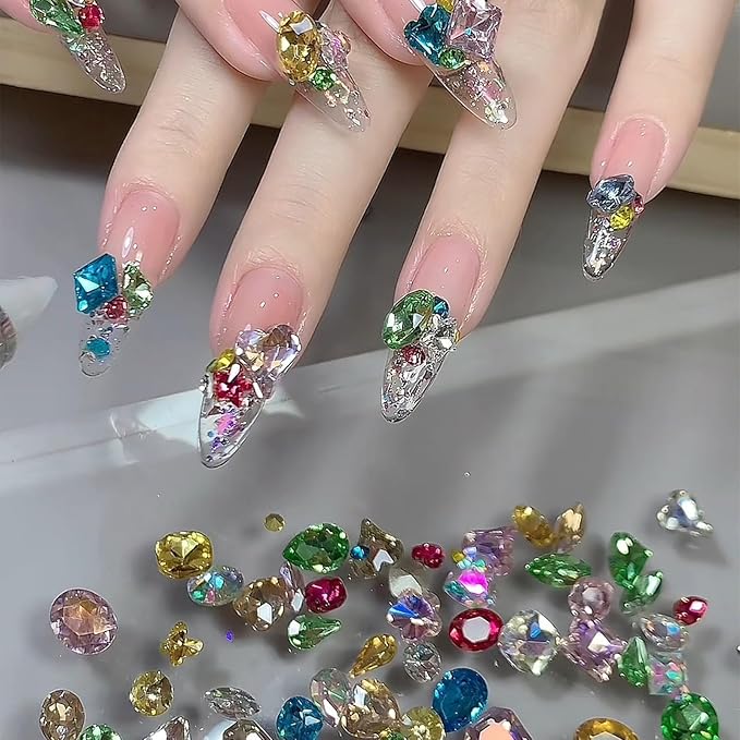 50Pcs Summer Color Pointed Bottom Special-Shaped Nail Art Charms Mixed Colored Diamond Candy Nail Art Diamond Nail Charms 3D Luxury Star Heart Jewelry Nail Art Supplies DIY Nails Crafts