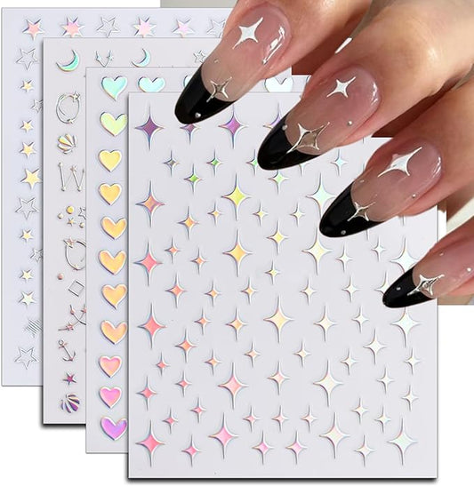24 Sheets Aurora Nail Art Stickers, Holographic Self-Adhesive Pegatinas Uñas Glitter Design Moon Star Sparkles Heart Line Nail Decals