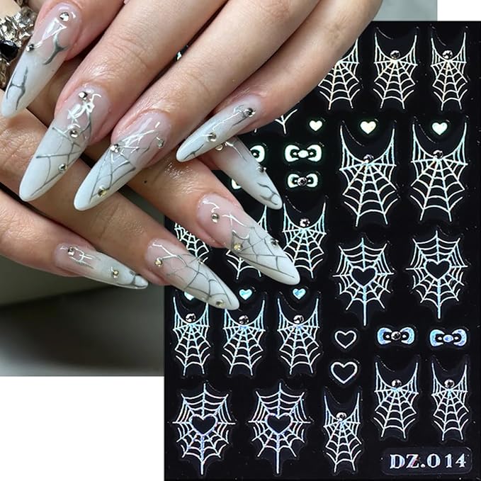 6 Sheets Halloween Scary Nail Stickers Gold Laser Silver White Nail Art Stickers Decals 3D Self-Adhesive Spider Web Bow Nail Decals for Women Halloween Party Nails Design Decoration Supplies