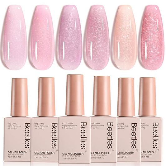 Beetles Pink Glitter Gel Polish Set - 6 Colors Jelly Gel Polish Kit Shimmer Pink Sheer Translucent Effect Soak off UV Nail Concealer Summer French Nail Art Salon Manicure Gift for Women