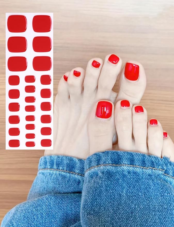 Semi Cured Gel Toenail Strips, 26 Red Gel Toe Nail Stickers, Works with Any UV Lamps
