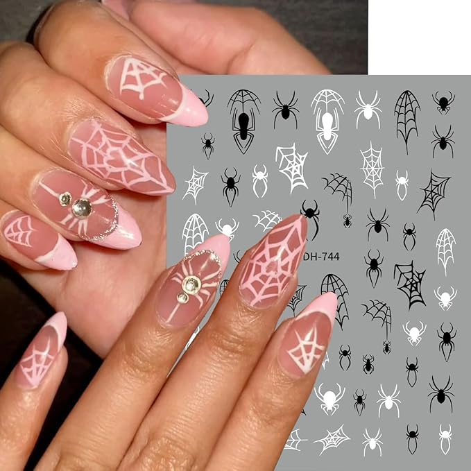 Halloween Nail Stickers Spider Web Nail Decals Pumpkin Nail Art Stickers Ghost Heart Star French Tips Design Self Adhesive Nails Sticker for Nails Art for Women DIY Holiday Manicure Supplies 8 Sheet